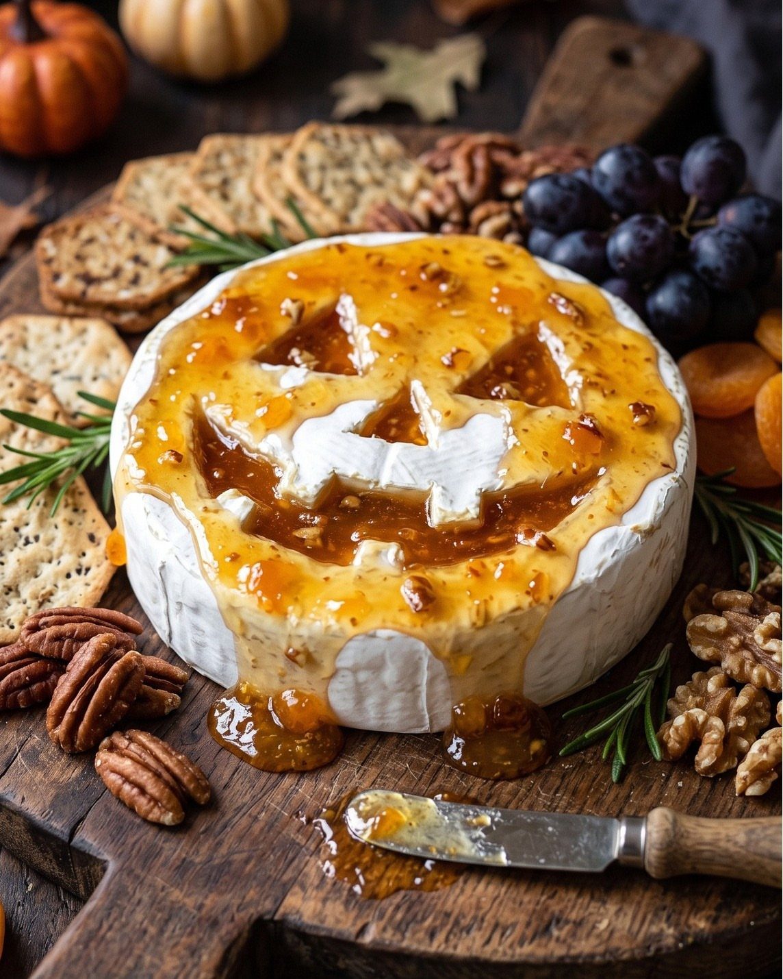 Baked brie cheese topped with orange jam carved like a pumpkin on a board.
