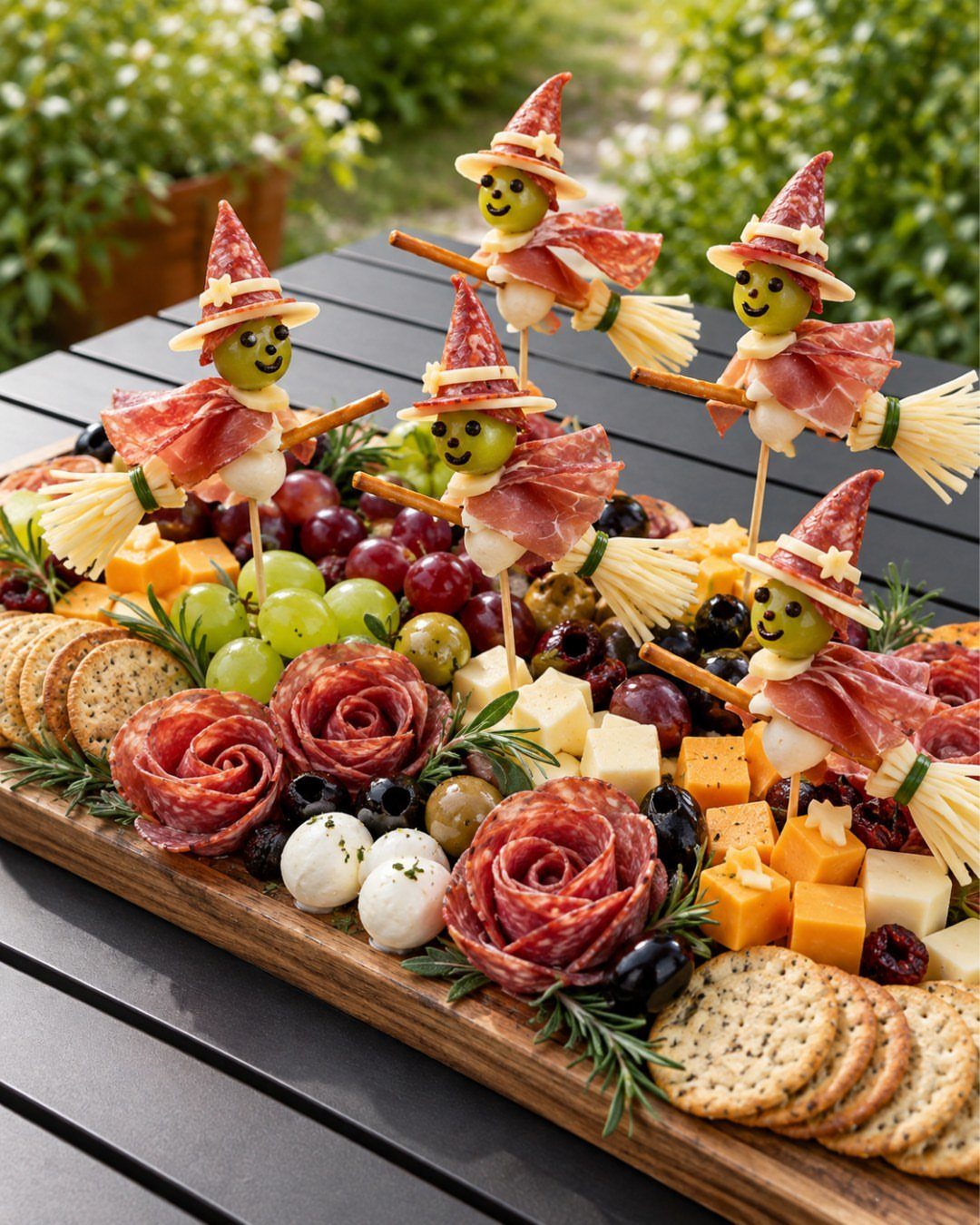 Autumn charcuterie board with grapes, cheeses, and edible prosciutto witch figures on skewers.