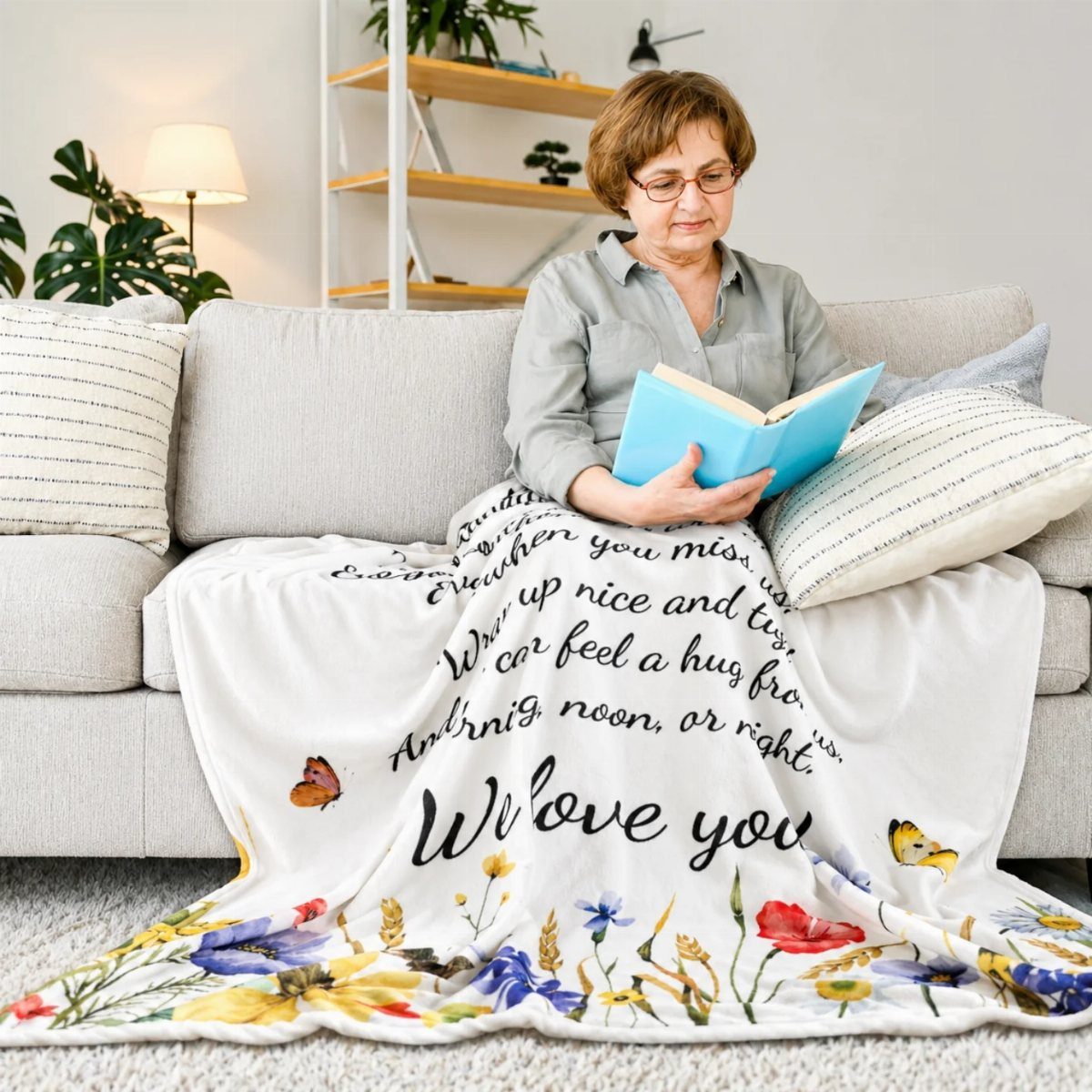 Older woman reading a book on a sofa covered by a personalized floral blanket