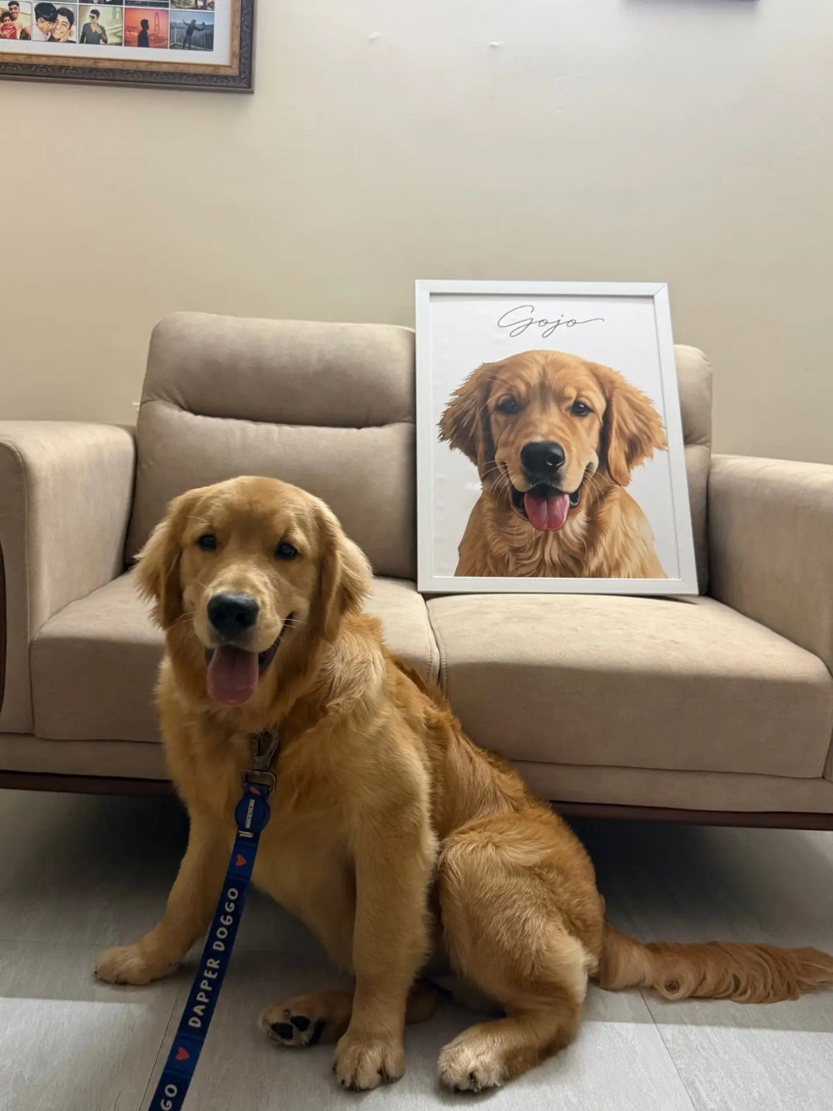 Golden retriever sitting next to a framed custom portrait of itself on a sofa