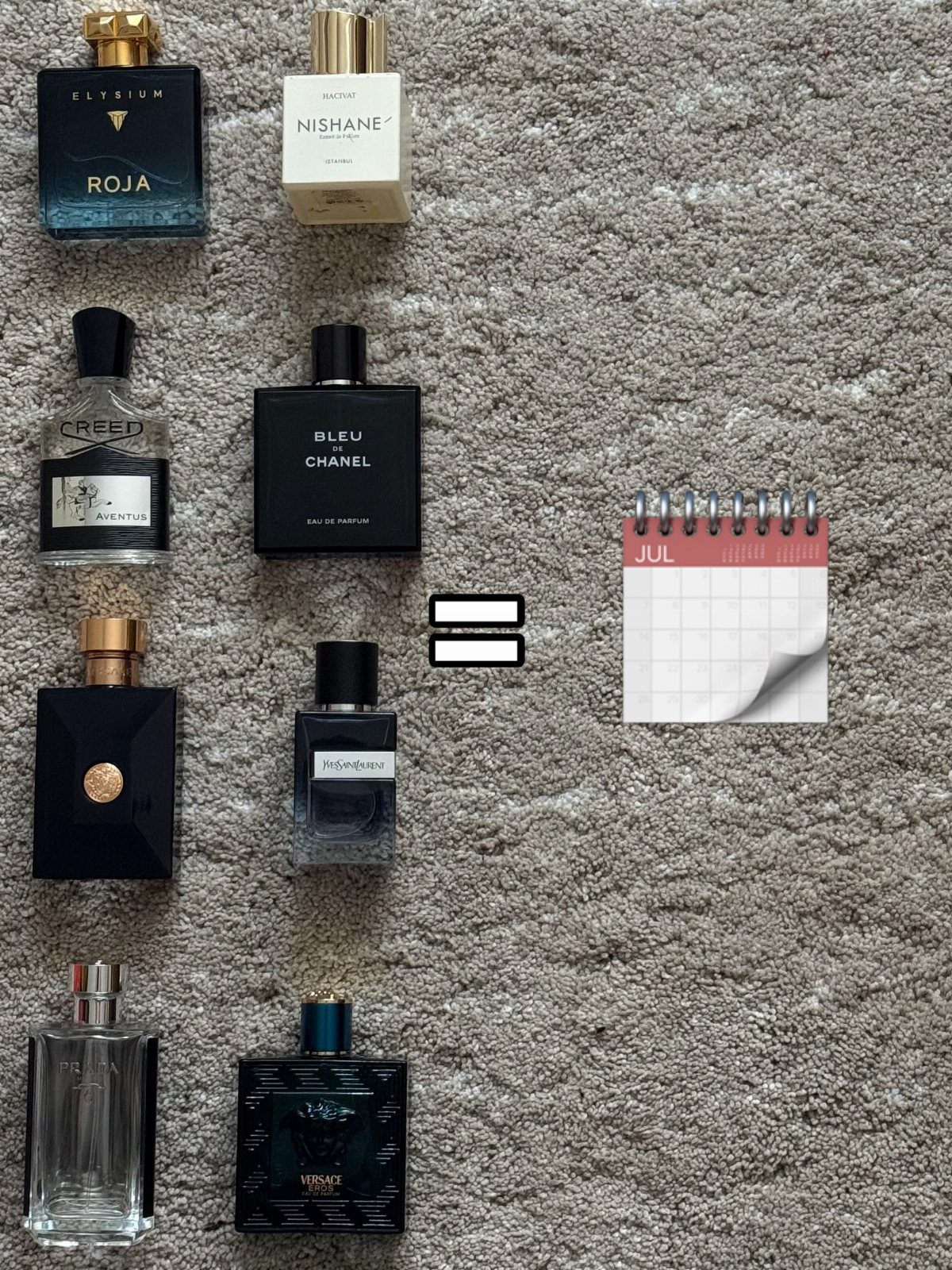 Assorted men's cologne bottles and a small calendar on a grey carpet.