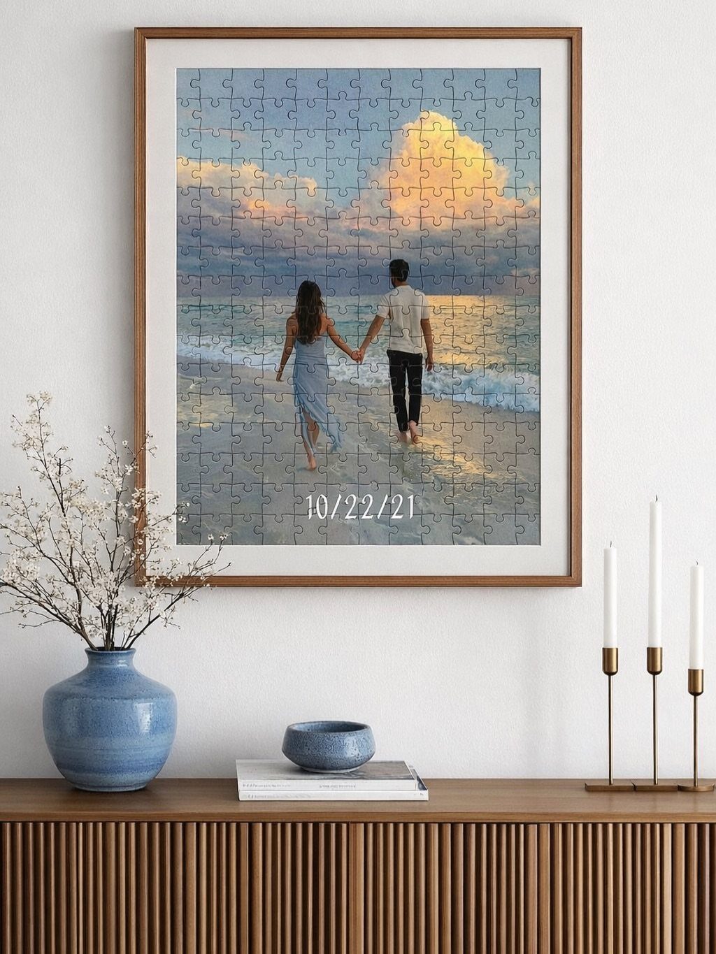 Framed custom jigsaw puzzle of a couple on a beach hanging on a wall