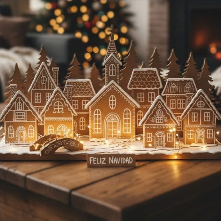 Miniature cardboard gingerbread village with fairy lights on a wooden table