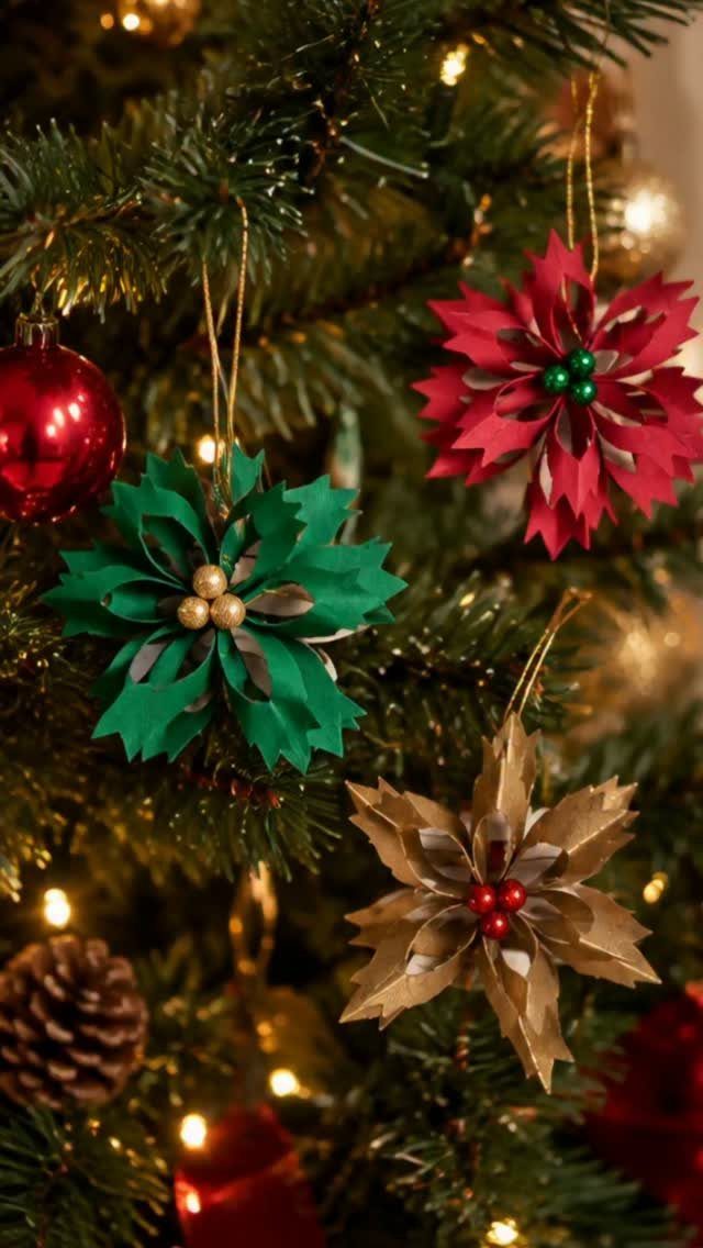Paper star ornaments in red, green, and gold hanging on a lit Christmas tree.