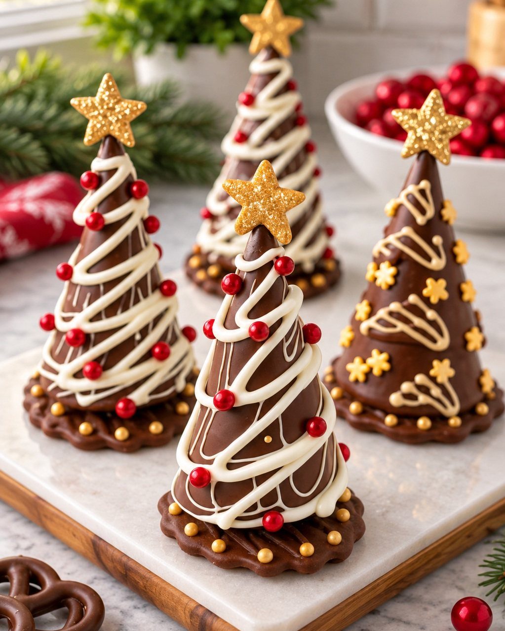 Chocolate cone Christmas trees decorated with white icing, red pearls, and gold stars.
