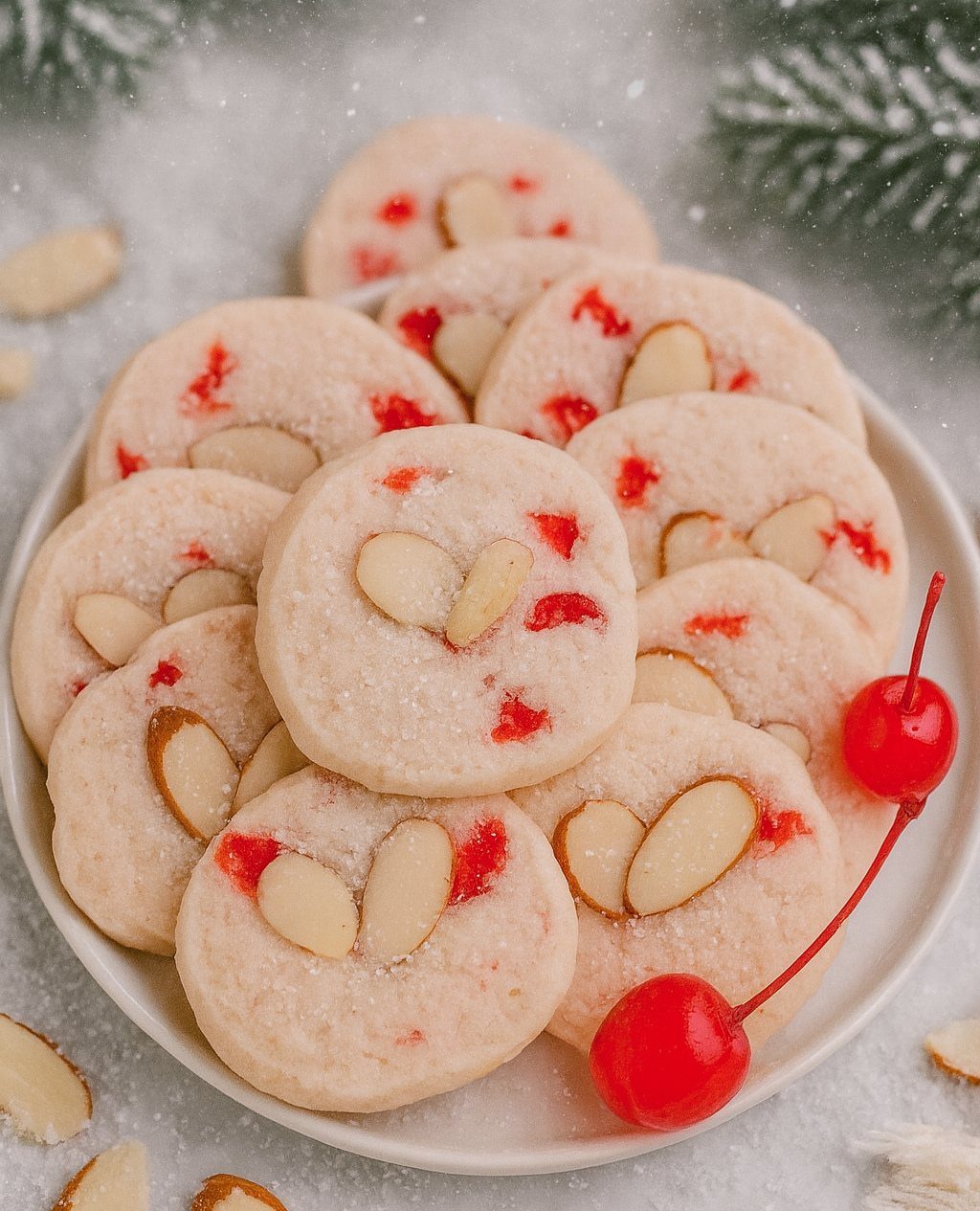 Shortbread biscuits decorated with sliced almonds and red candied cherries on a plate.
