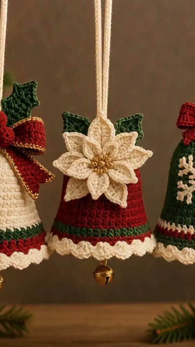 Crocheted Christmas bell ornaments in red, green, and white with a floral detail.