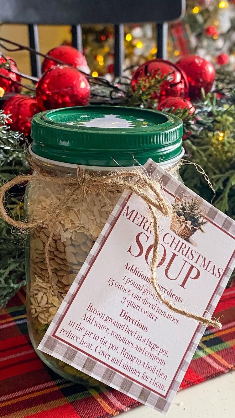 Mason jar filled with homemade soup mix and a recipe tag for gifting.