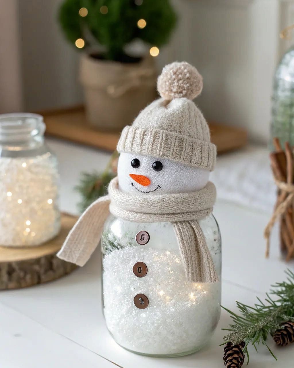 Snowman mason jar with white faux snow, fairy lights, and knitted accessories.