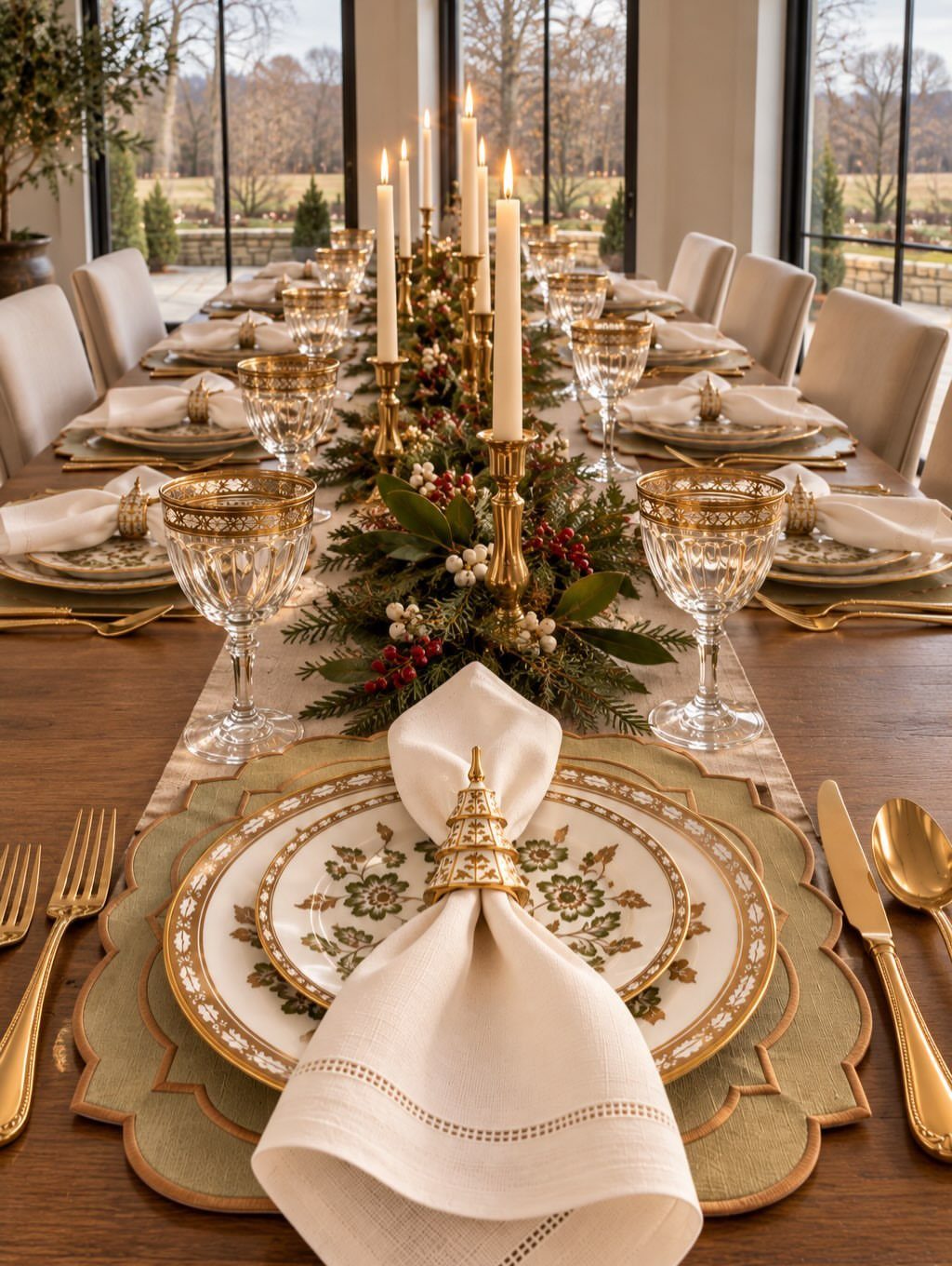 White cloth napkin with a gold decorative ring on a festive Christmas table.
