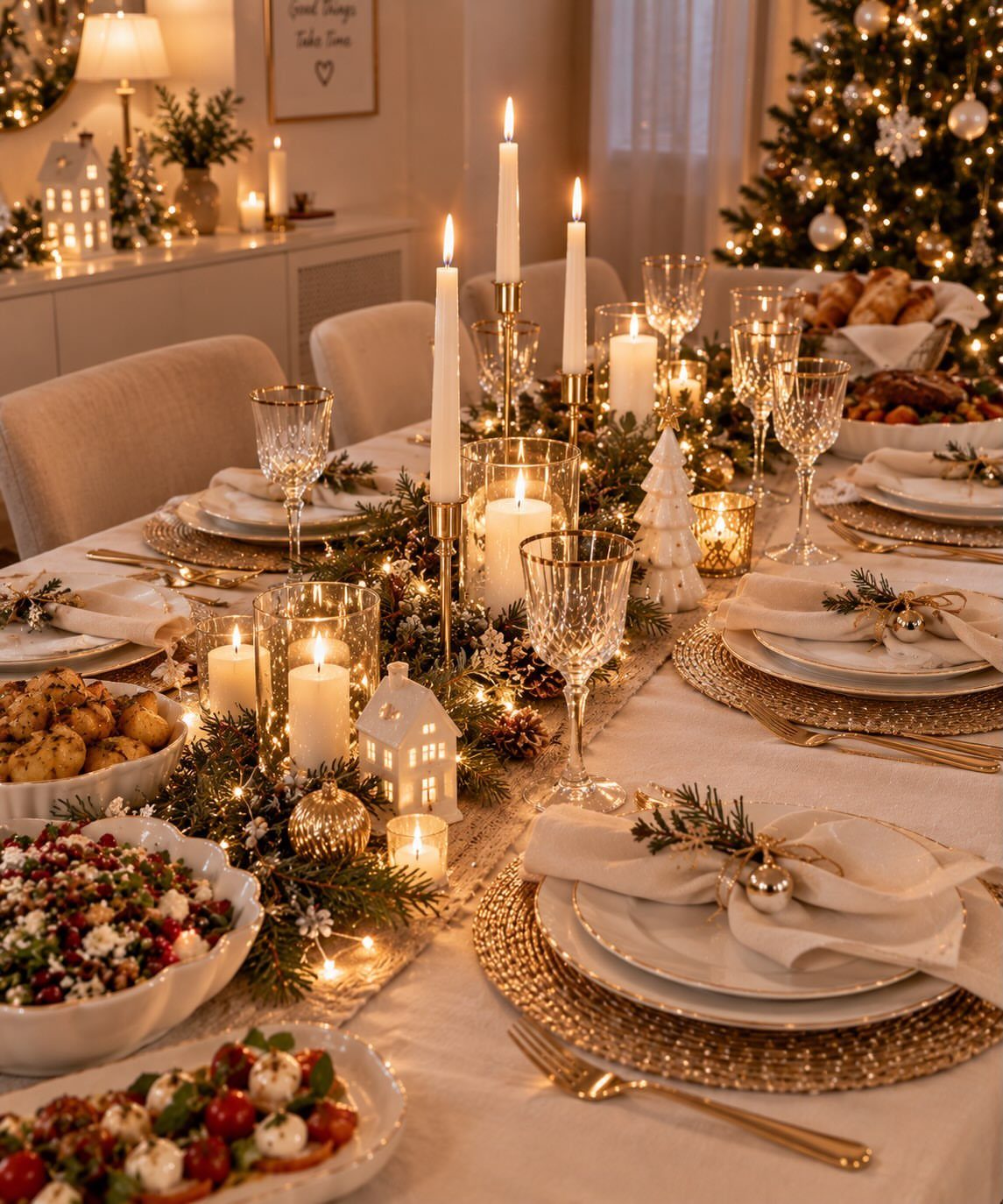 Festive Christmas table setting with gold chargers, white candles, and evergreen greenery runner.