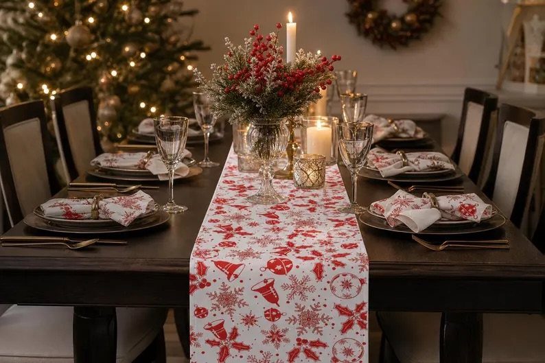 Christmas dinner table with gold charger plates, gold flatware, and red berry centerpiece.