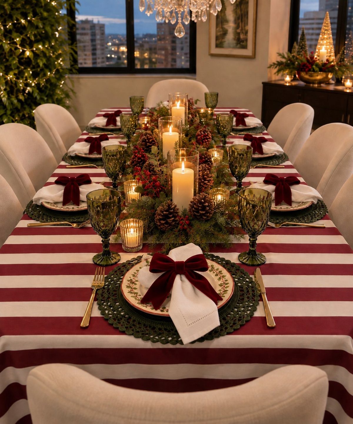 Christmas dinner table with red striped cloth, layered plates, and candlelit greenery centerpiece.