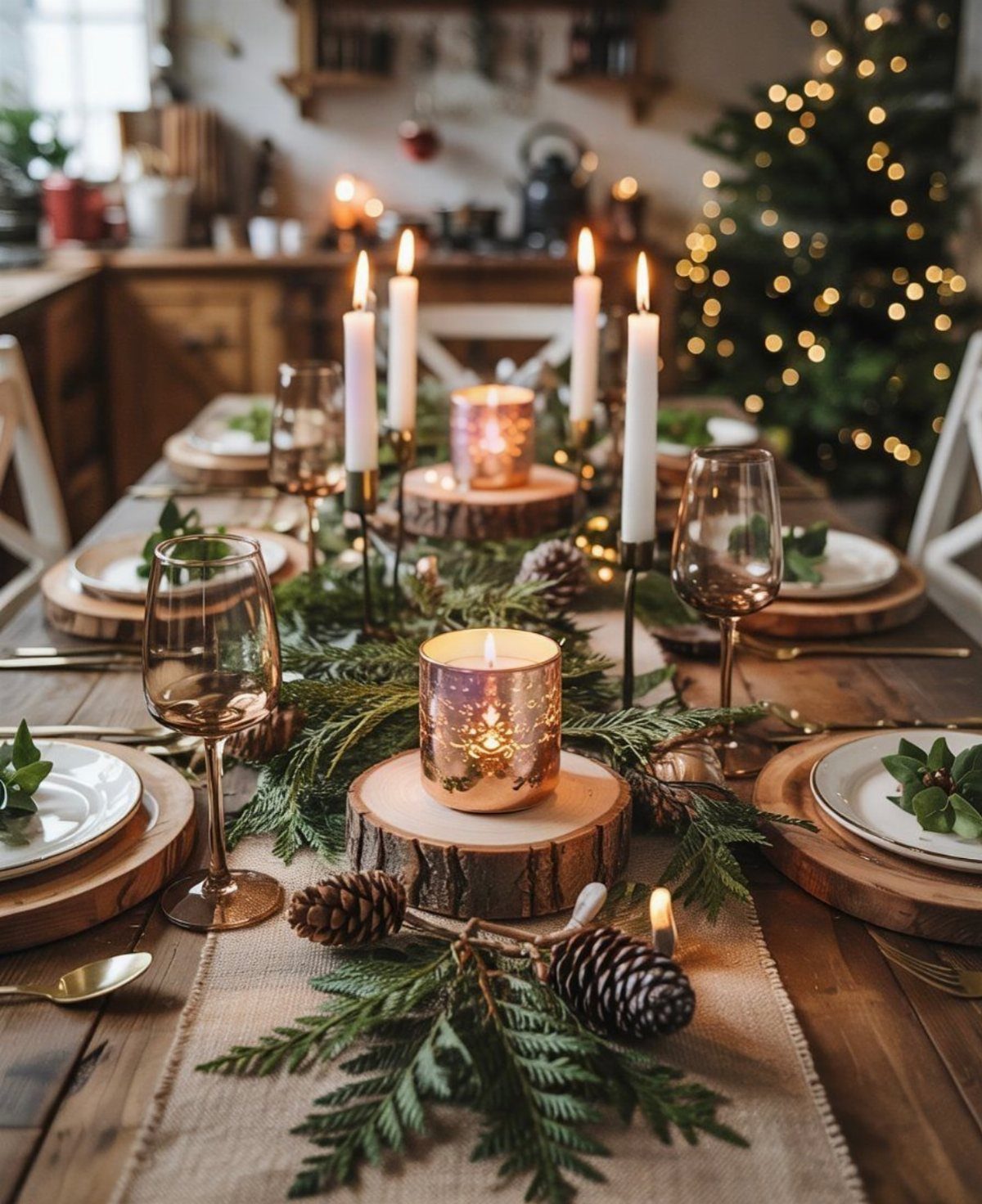 Wooden dining table with burlap runner, evergreen branches, and candles for Christmas dinner.