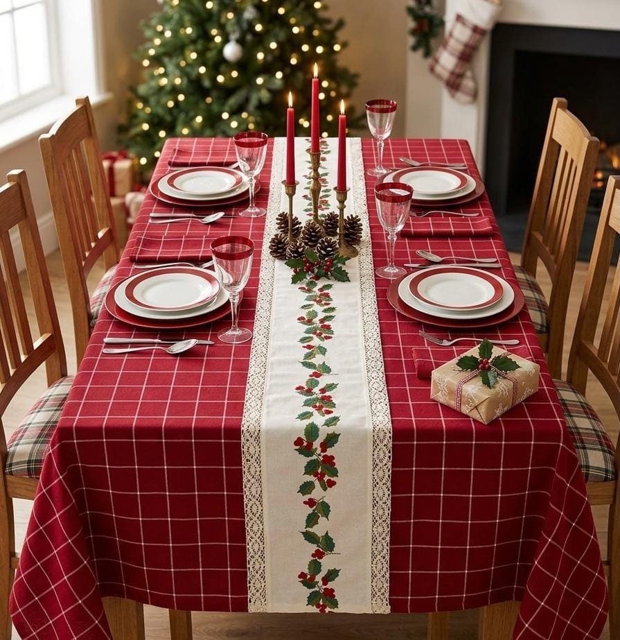 Christmas dinner table with red grid tablecloth, white holly runner, and red candles.