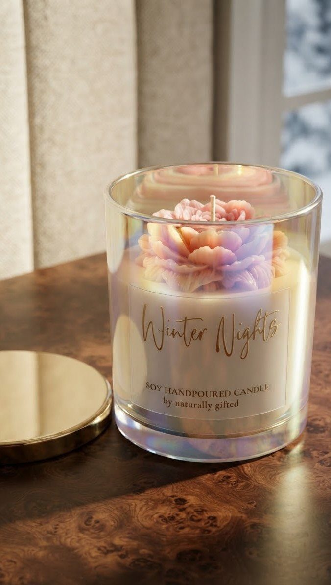 Scented soy candle with a pink flower design in a clear glass jar.