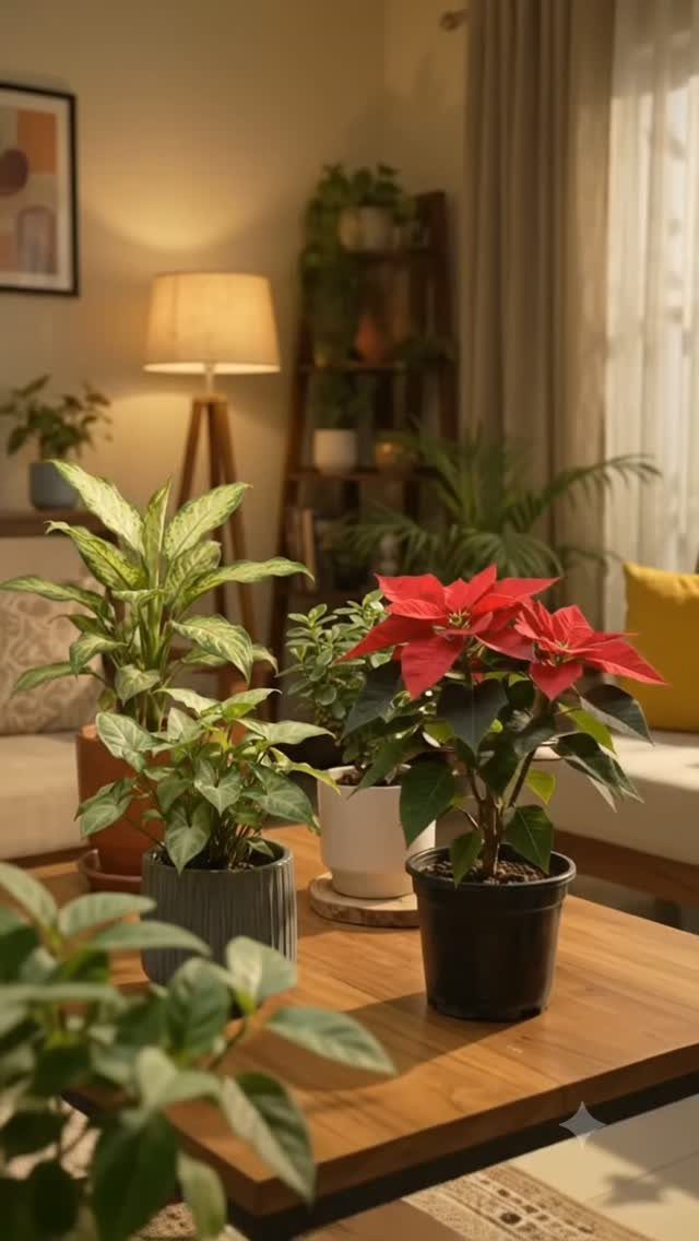 Potted indoor plants including a red poinsettia on a wooden table in a living room
