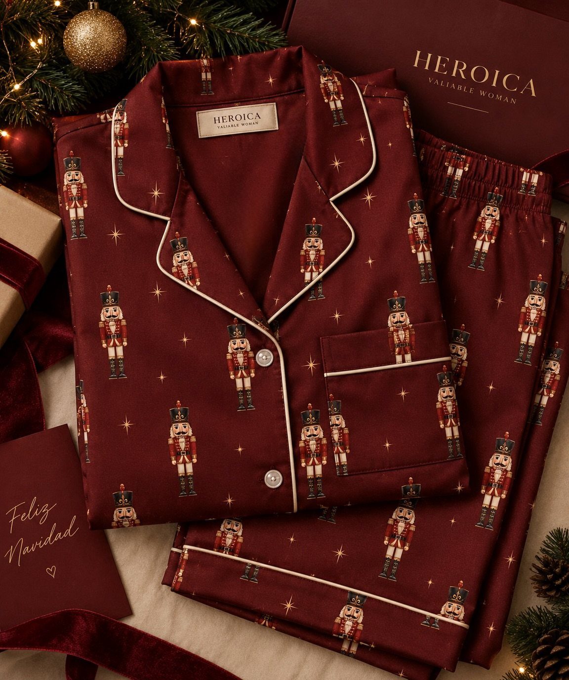 Burgundy nutcracker print pajama set with matching gift box and Christmas decorations.