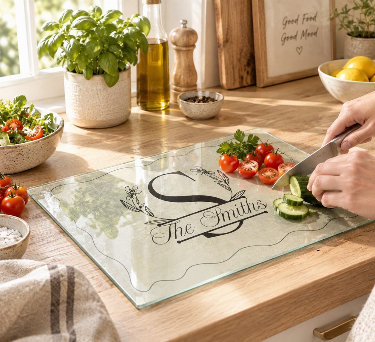 Engraved glass cutting board with The Smiths text used to slice fresh cucumbers.