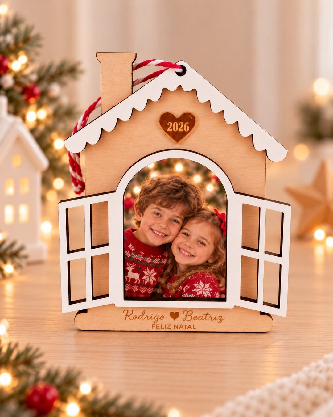 House-shaped wooden photo frame with children's picture and names, set among Christmas lights.
