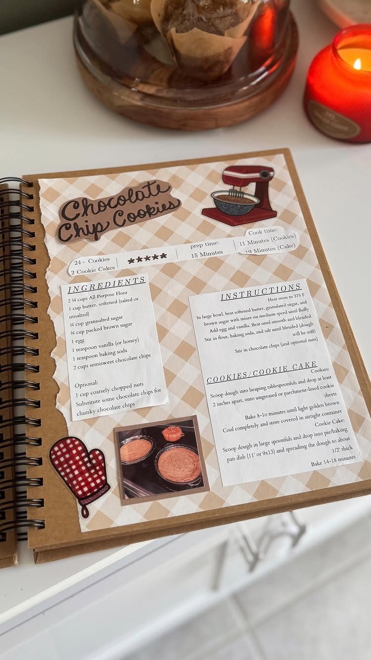 Open spiral recipe book showing a chocolate chip cookie recipe with decorative elements.