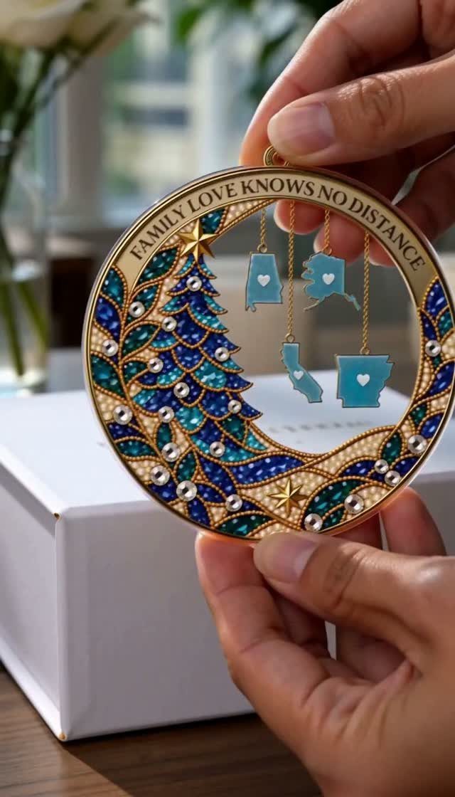 Circular gold pendant with jeweled Christmas tree and state charms held by hands