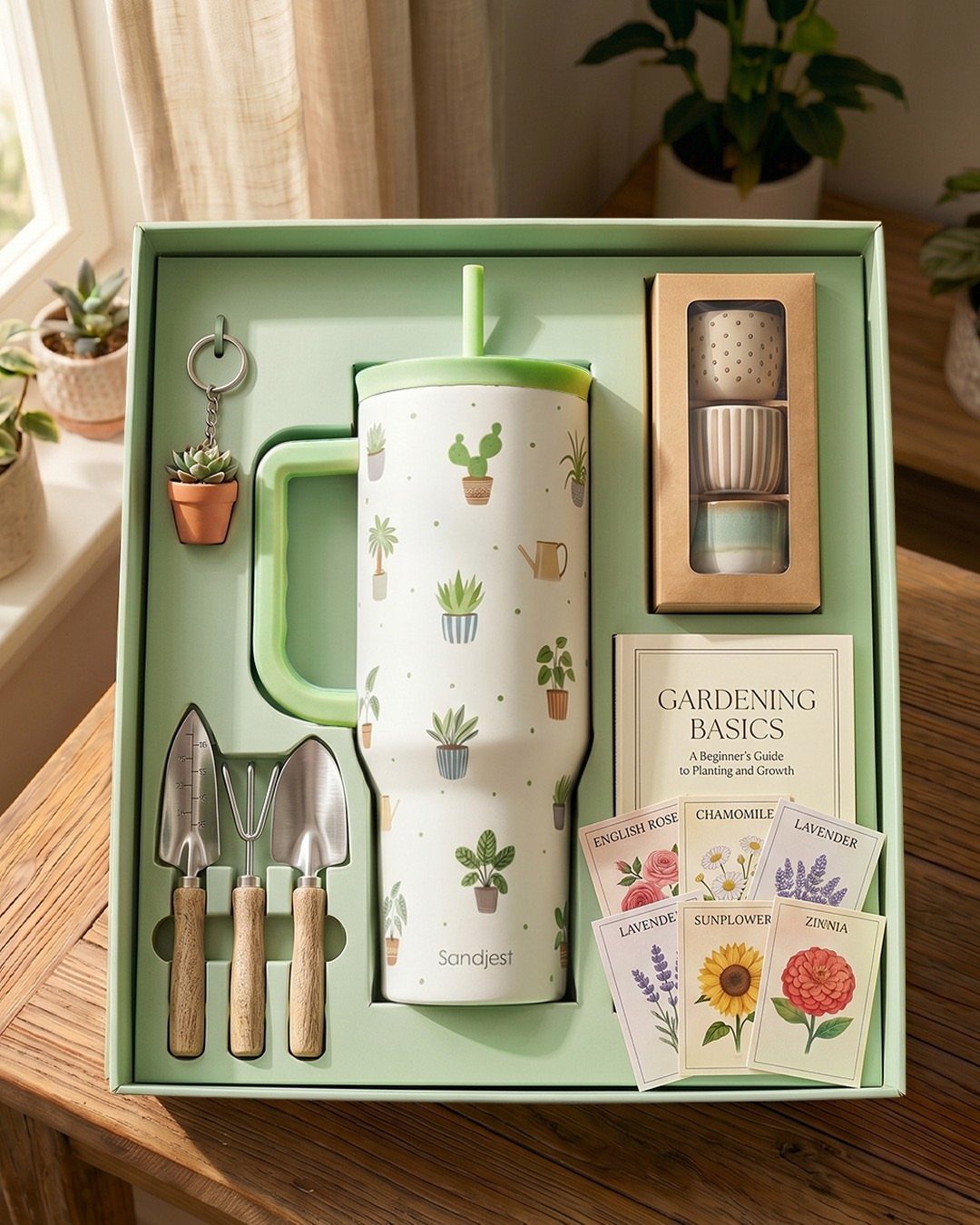 Gardening gift set with hand tools, illustrated tumbler, and seed packets in a box.