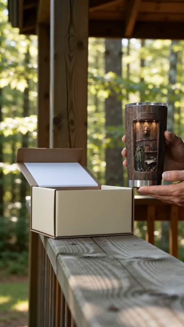 Personalized brown tumbler with a 3D scene held next to a gift box.