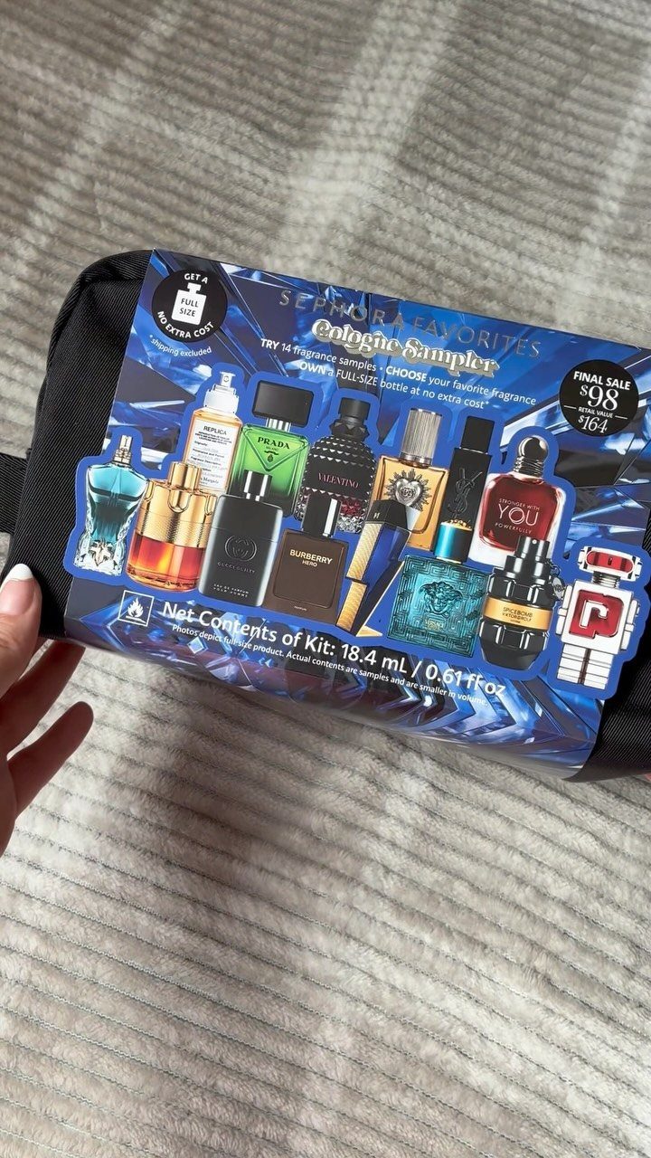 Sephora Favorites Cologne Sampler kit held by a hand over a textured cloth.