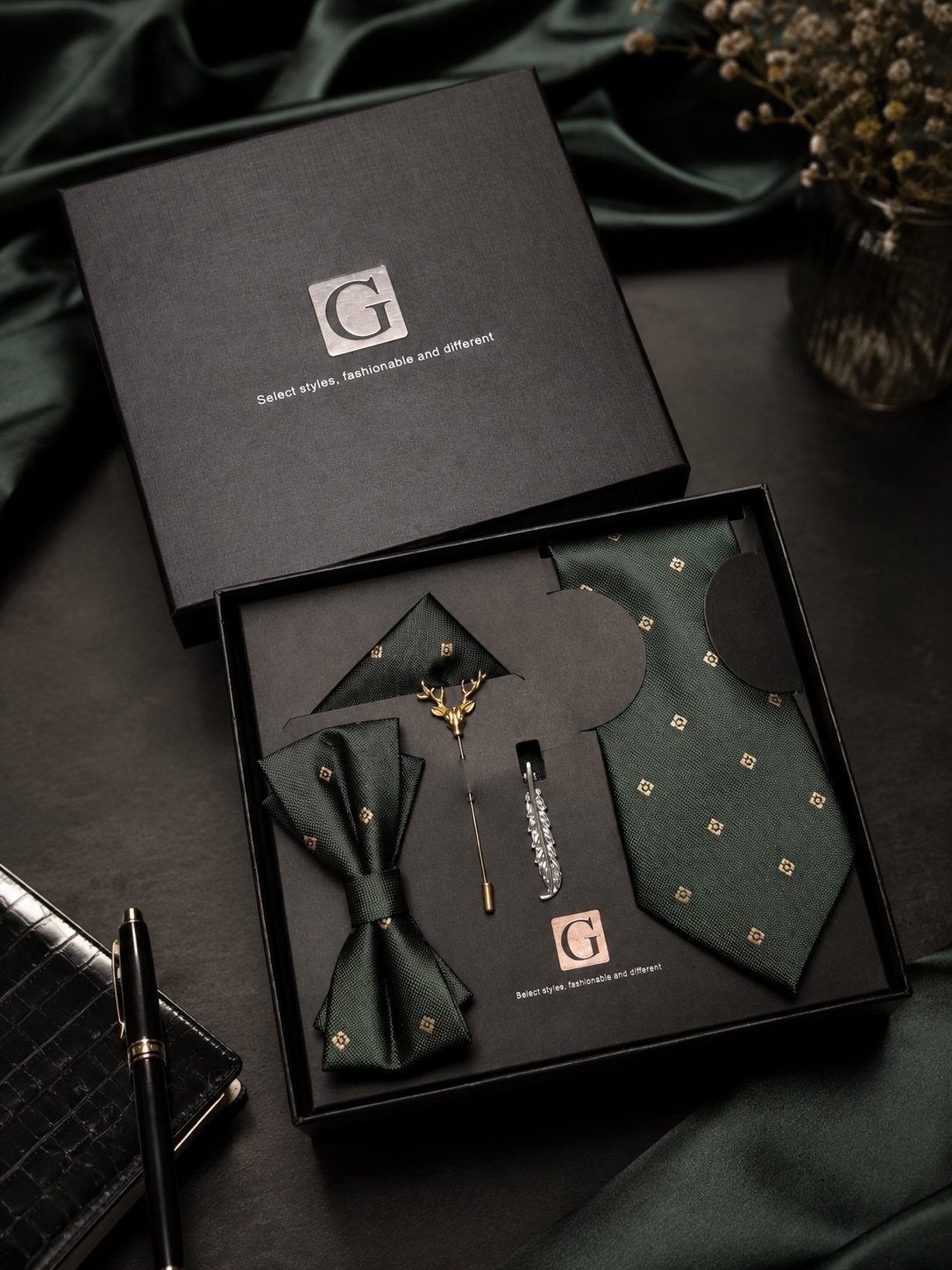Dark green tie and bow tie set in a black gift box