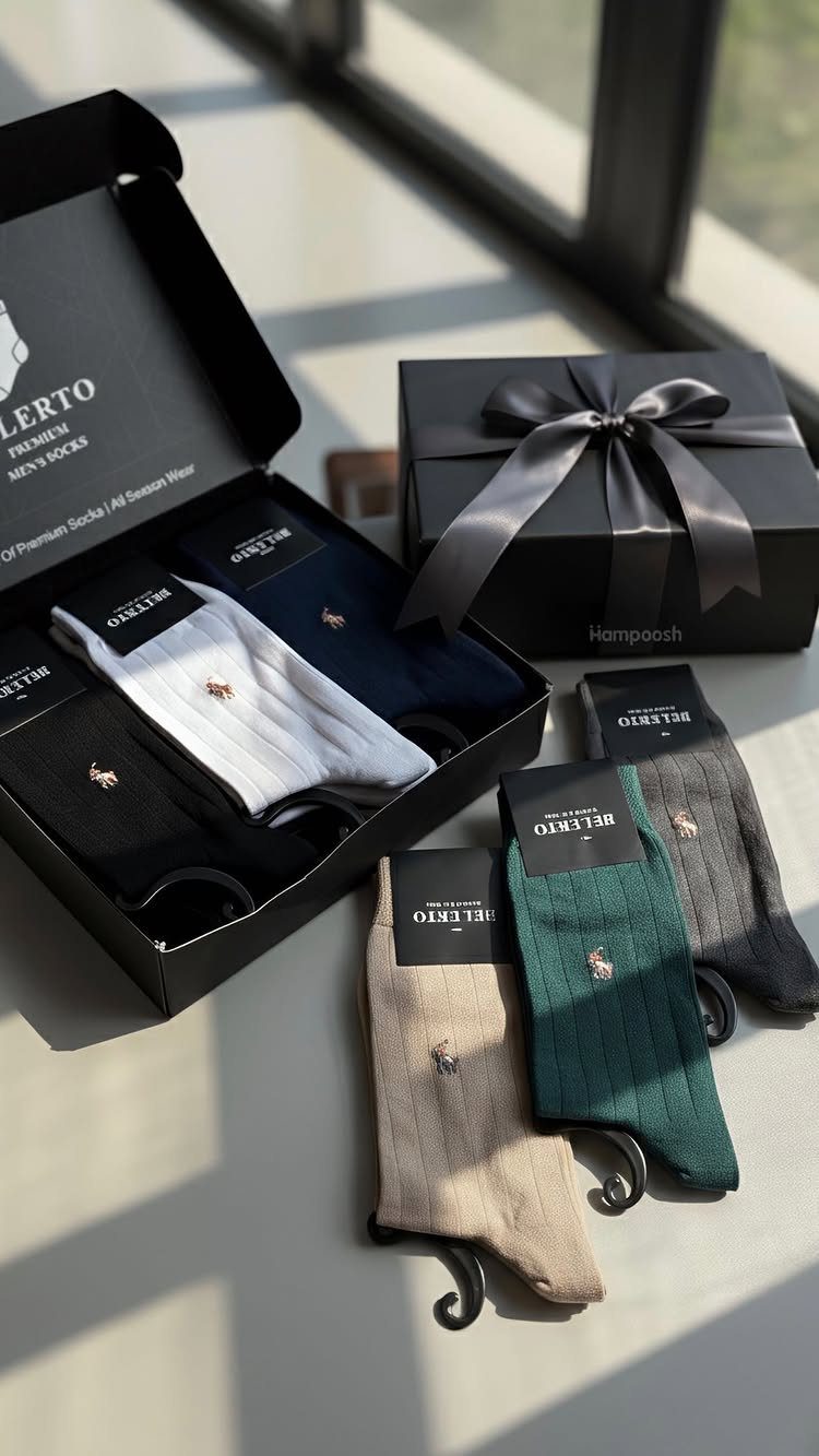 Men's dress socks in various colors displayed in and around black gift boxes.