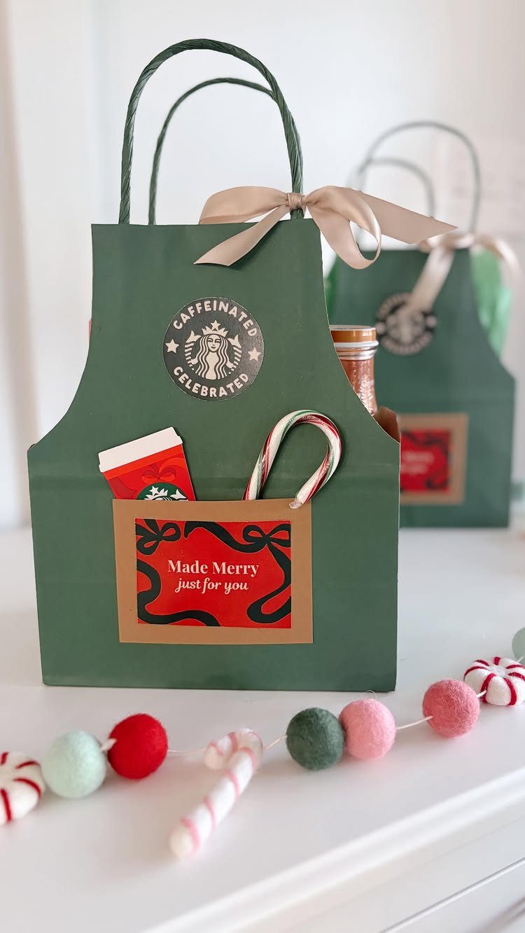 Green gift bags with candy canes and festive labels for Christmas coworkers