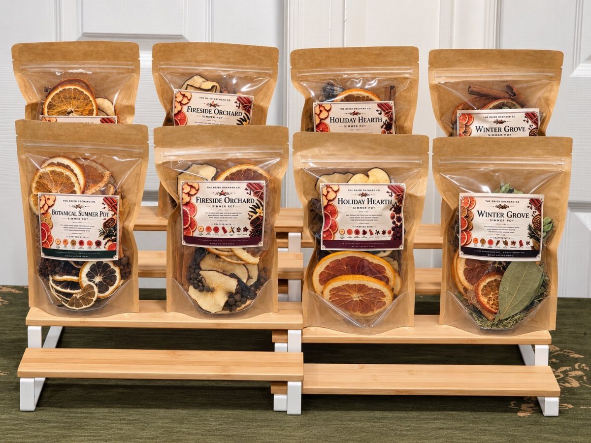Brown paper pouches filled with dried citrus and spices on a wooden stand