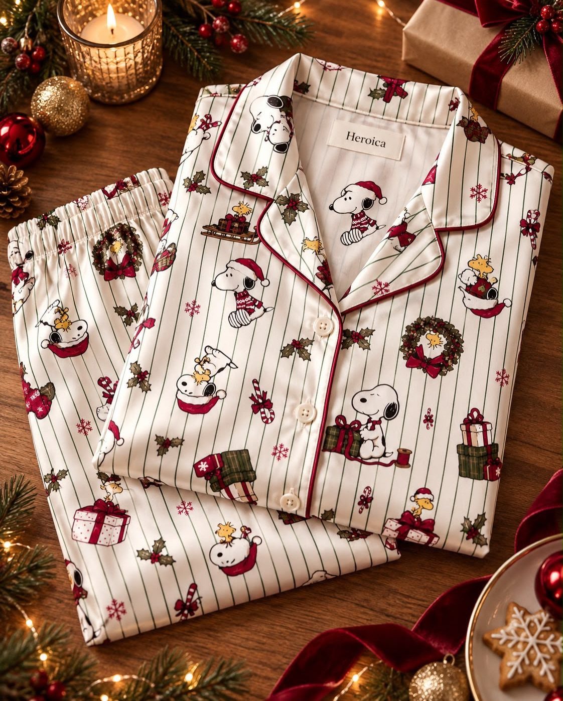 Snoopy Christmas print pajamas laid on a wooden table with holiday decorations.