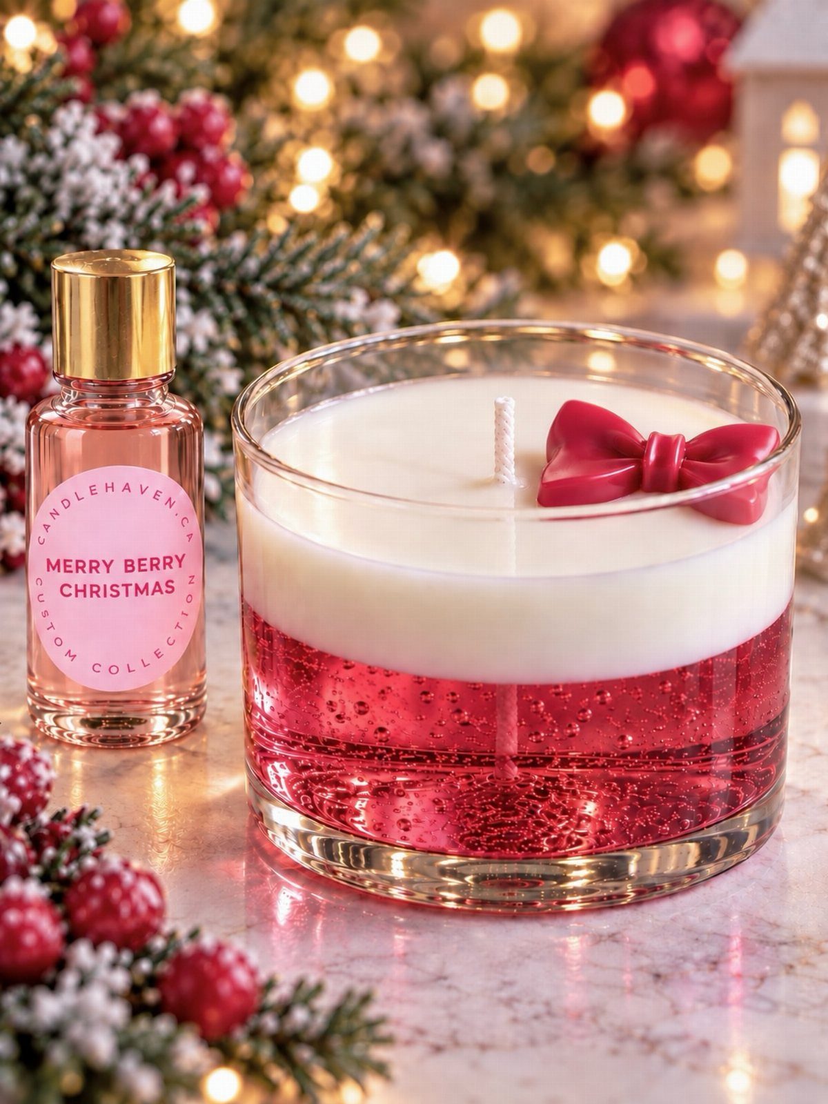 Two-layered red and white Christmas candle with a red bow and perfume bottle.