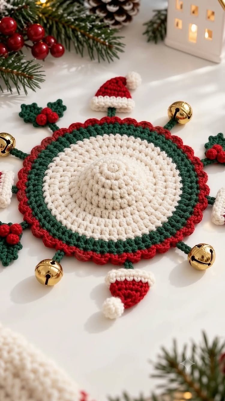 Crocheted Christmas coaster with red and green yarn, gold bells, and Santa hats.