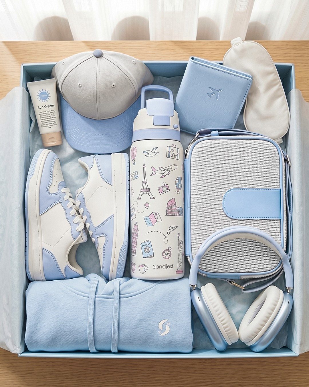 Curated light blue and white gift set for men in a blue box.
