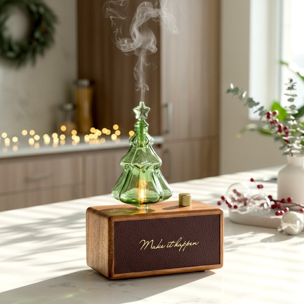 Essential oil diffuser with a green glass Christmas tree top emitting white mist.