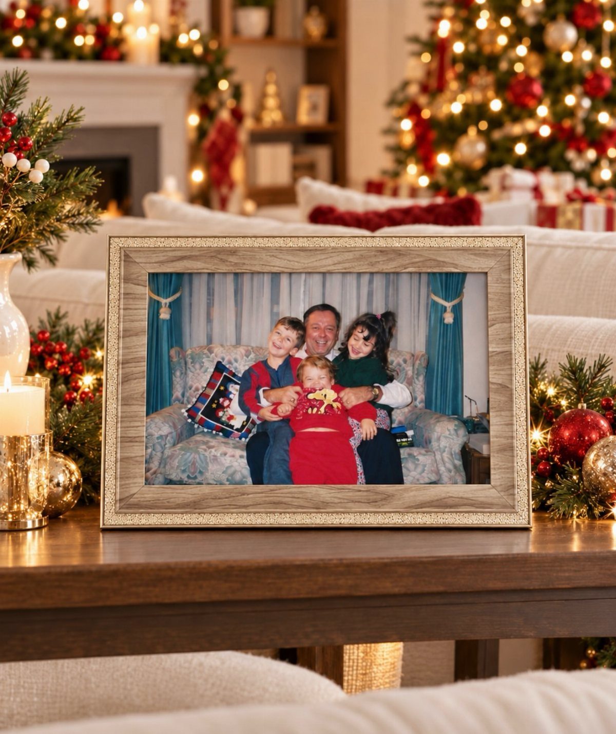 Framed family photo on a wooden table with a blurred Christmas tree background.