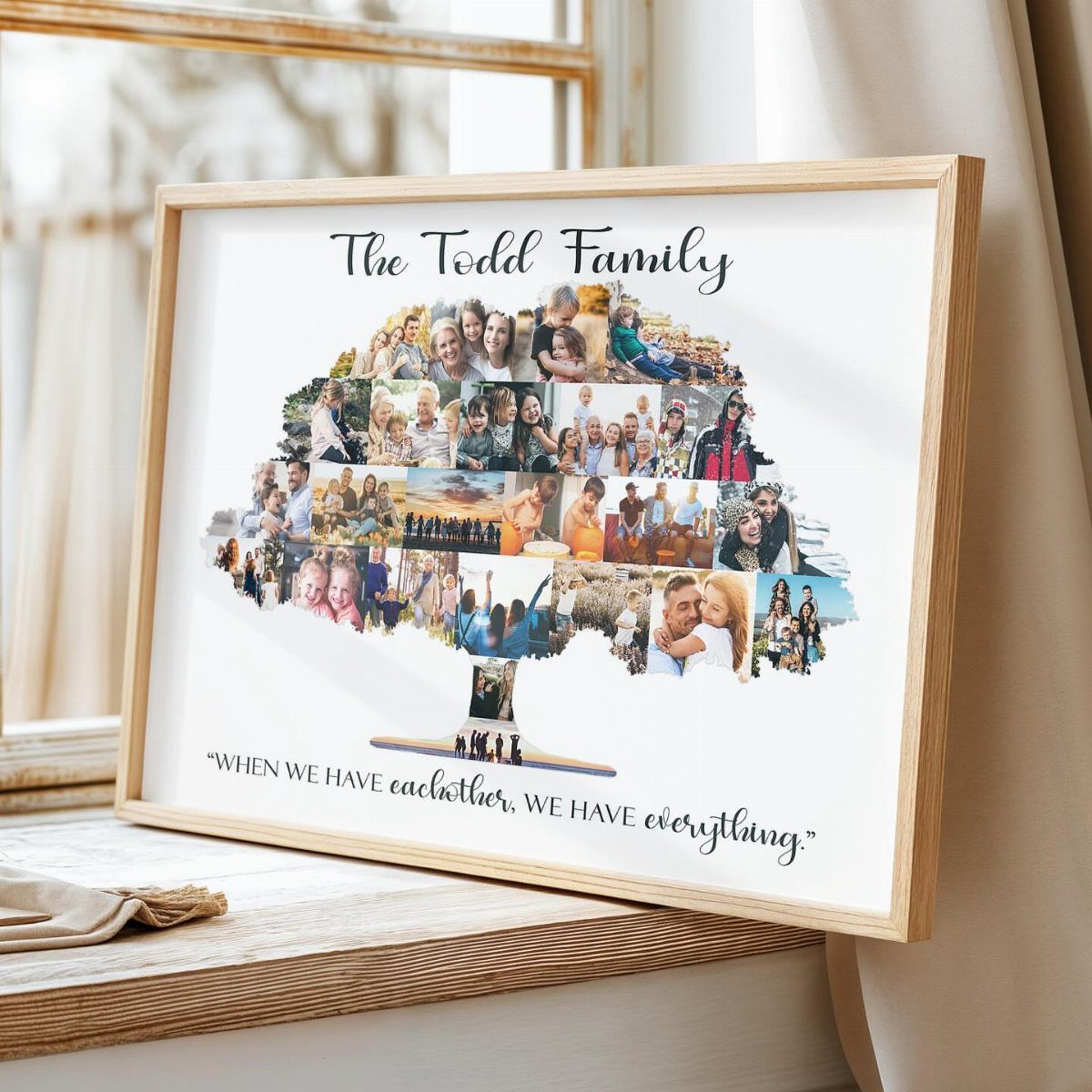 Framed family tree artwork made of photos with a sentimental quote below.