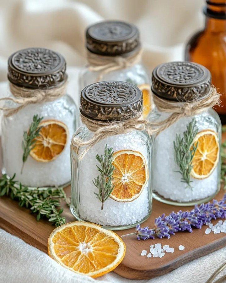 Homemade bath salt jars with dried orange slices and rosemary on wooden board