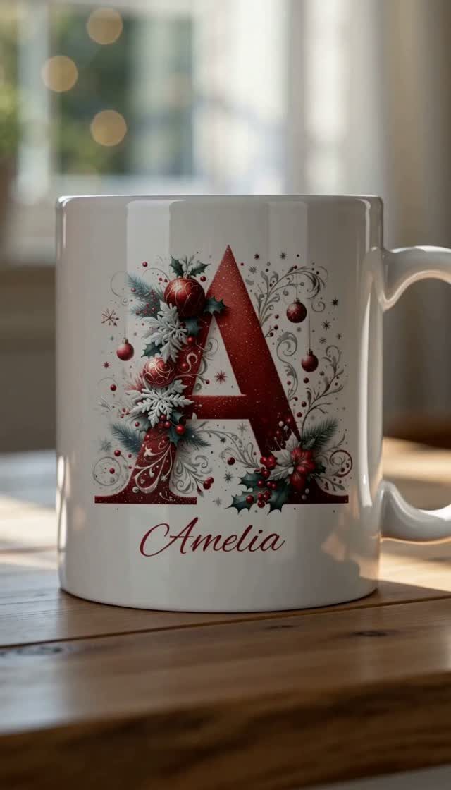 White ceramic mug with a decorative red letter A and name Amelia.