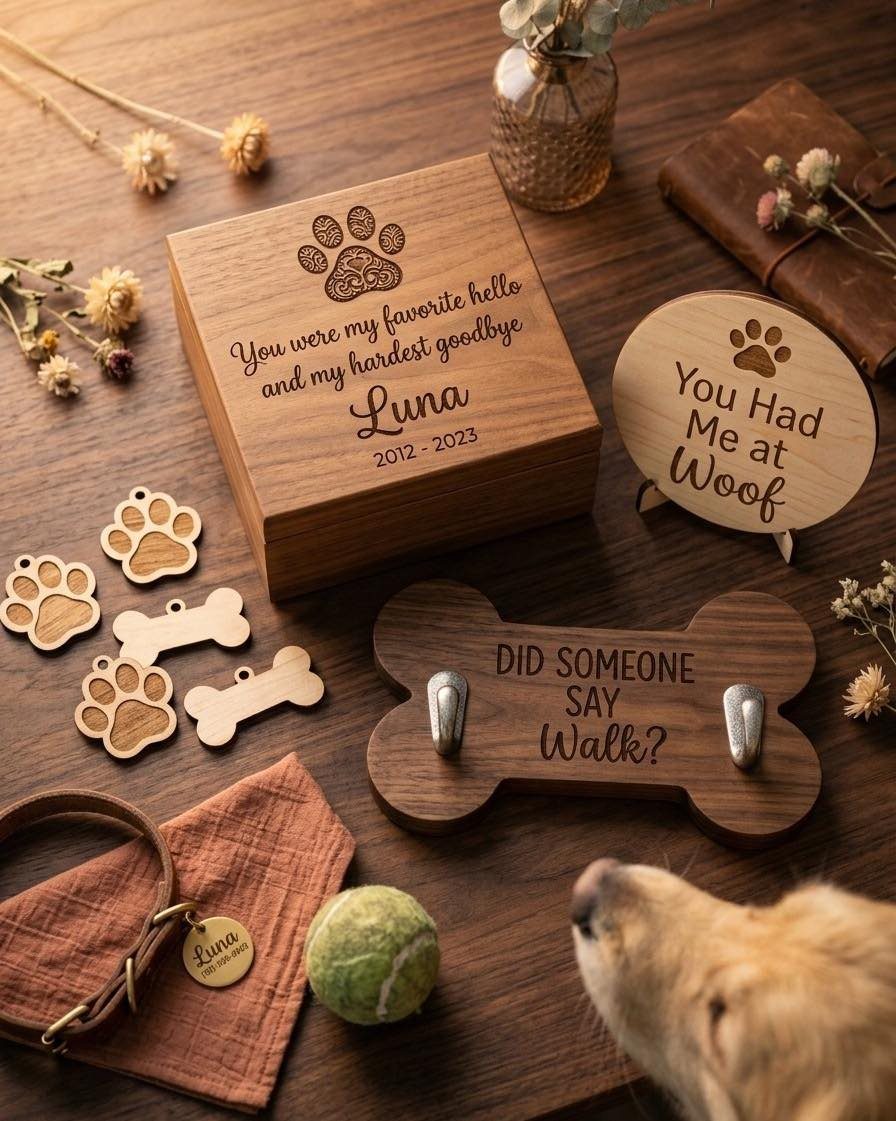 Wooden personalized pet memorial box and accessories with paw prints on a table