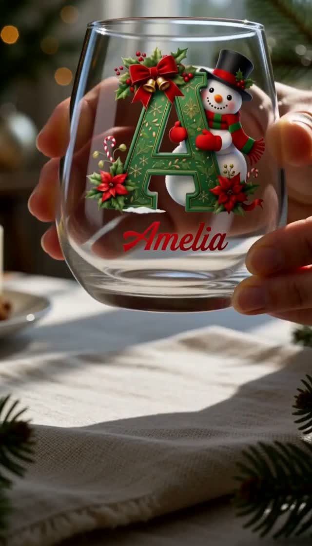 Stemless wine glass with a personalized snowman design and the name Amelia.