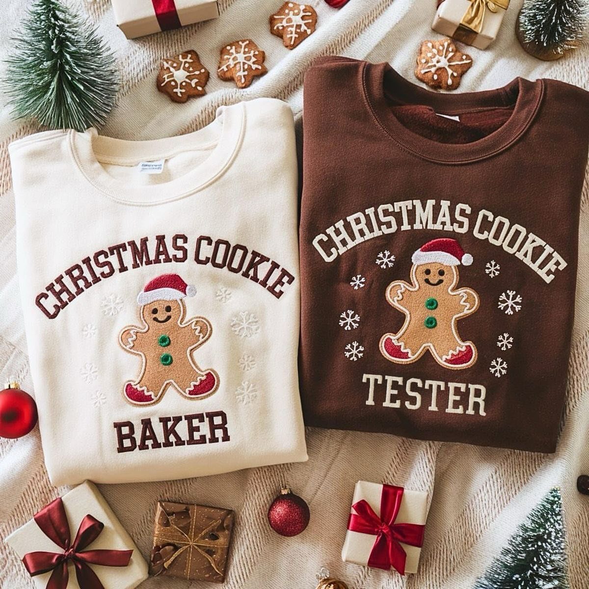 Two Christmas sweatshirts with gingerbread man designs surrounded by gifts and cookies.