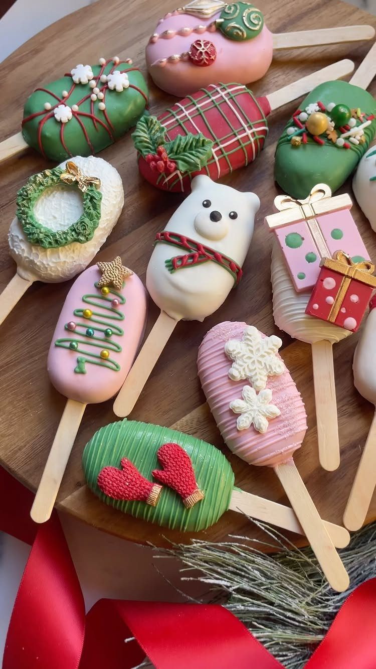 Festive cake pops with Christmas decorations arranged on a wooden platter with red ribbon.
