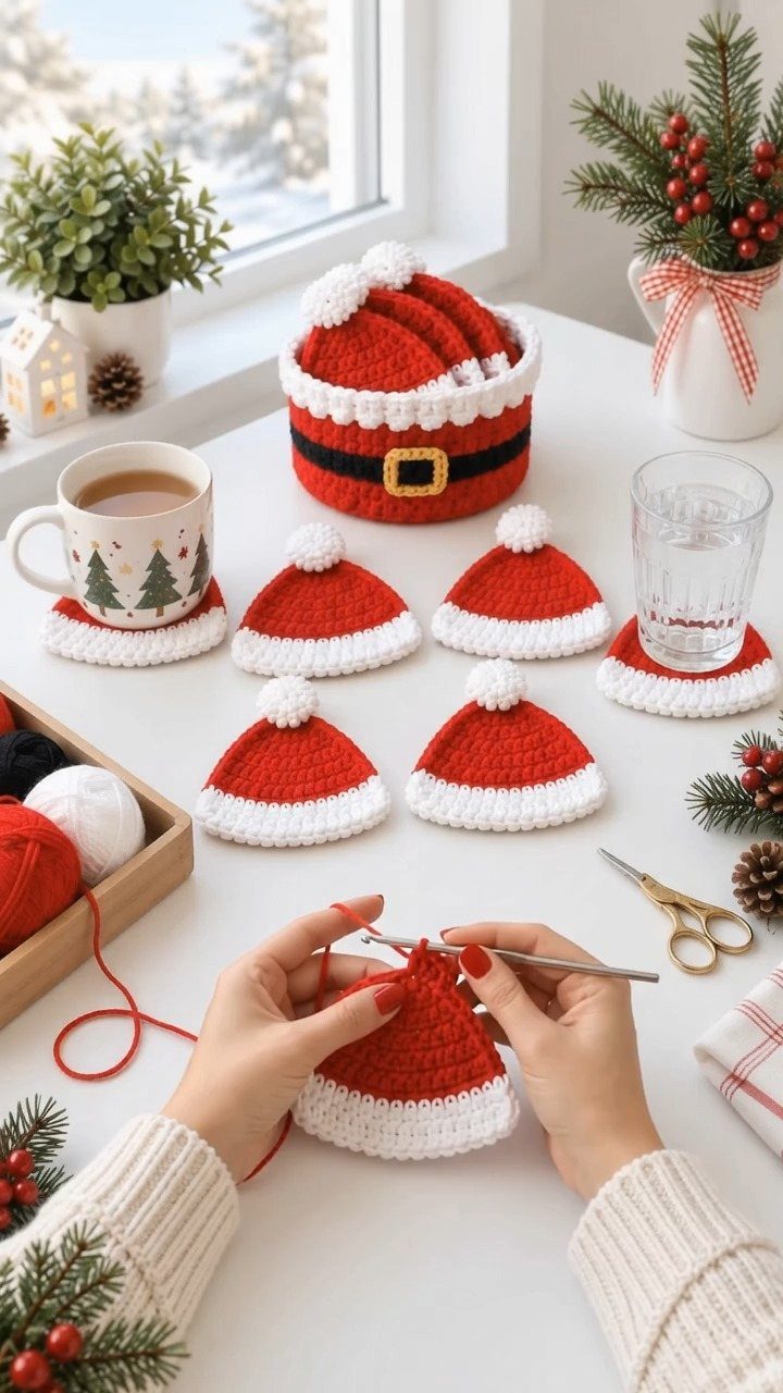 Hands crocheting a red and white Santa hat coaster on a white table.