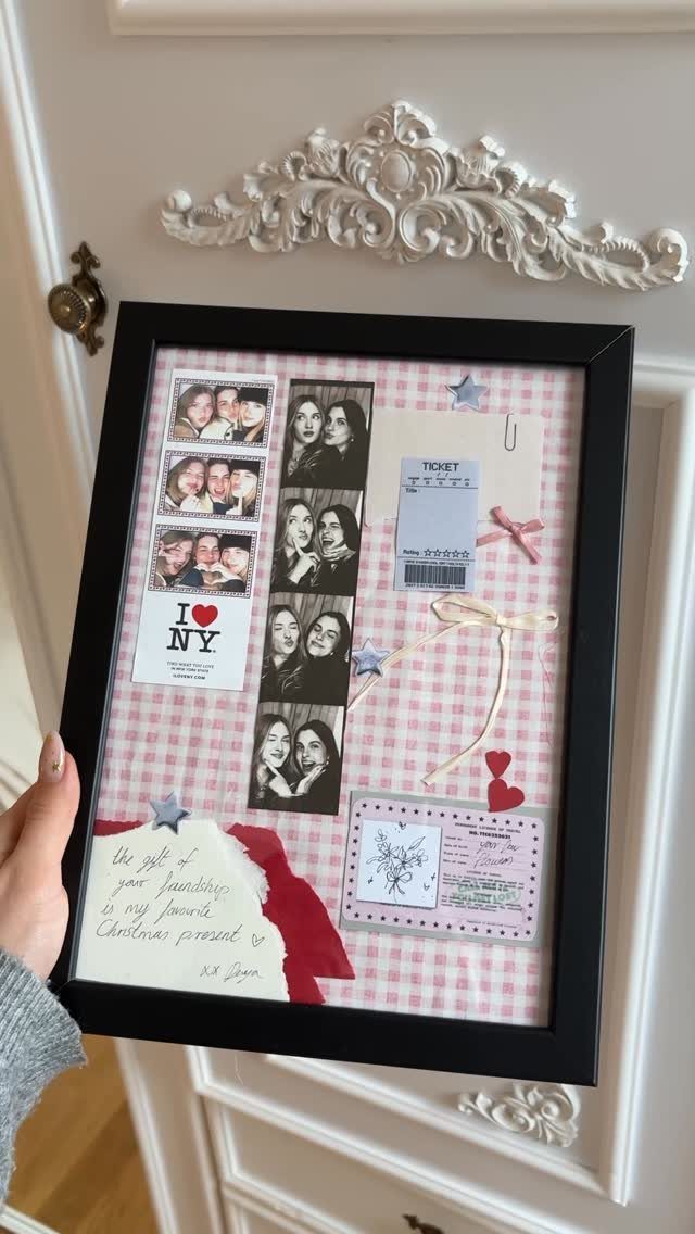 Framed shadow box collage with photos and a Christmas note as a handmade gift.