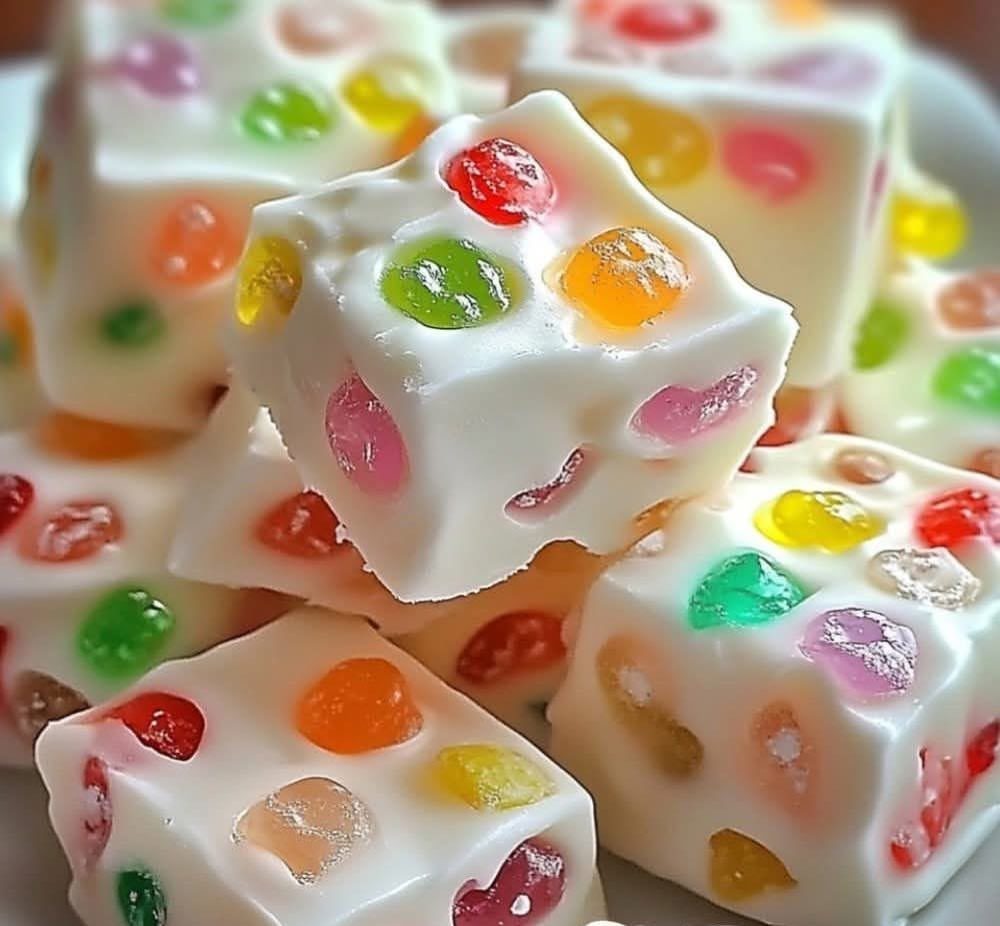 White chocolate fudge squares filled with colorful gummy candies piled together.