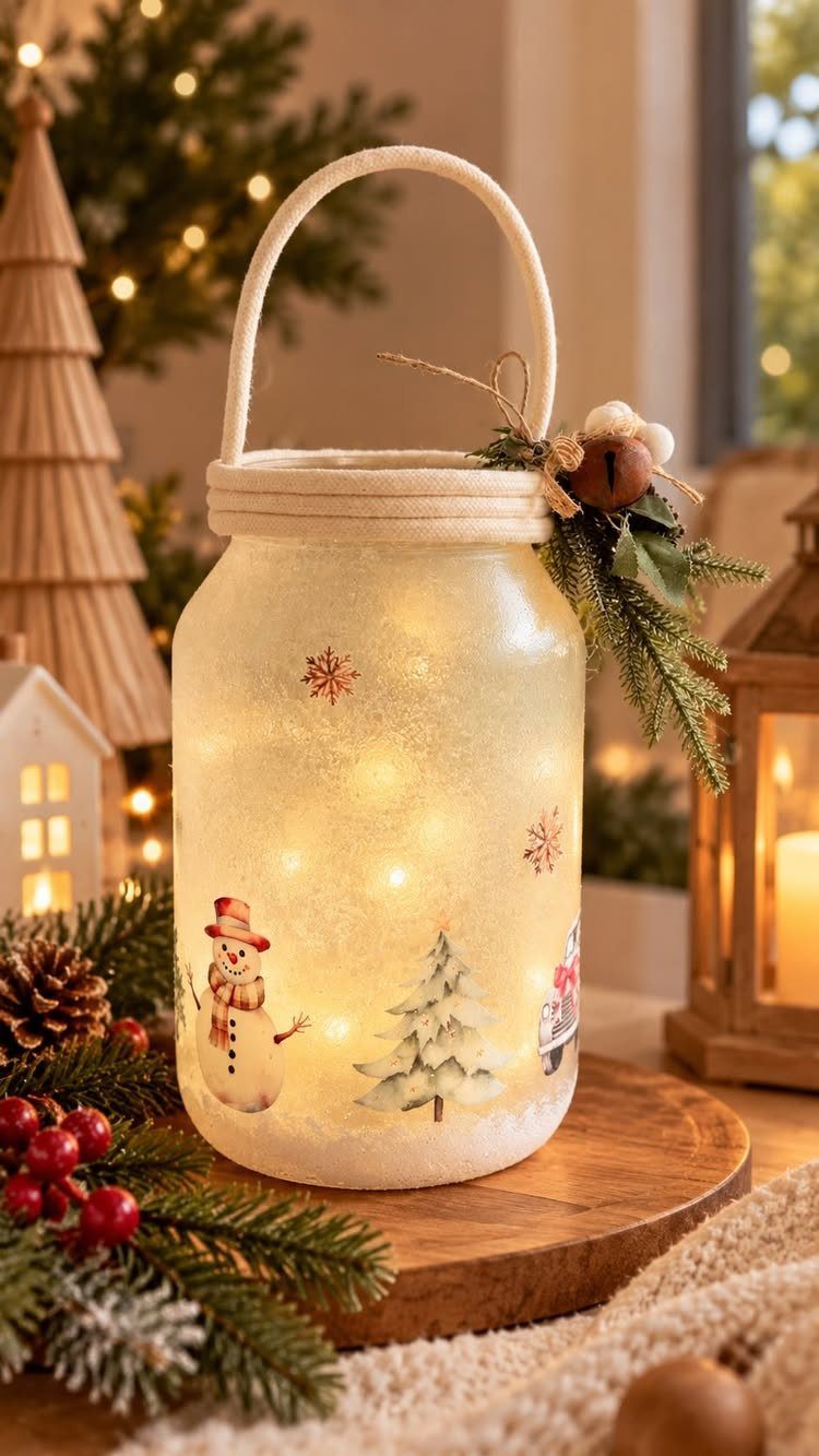 Frosted mason jar luminary with fairy lights, snowman painting, and white handle.